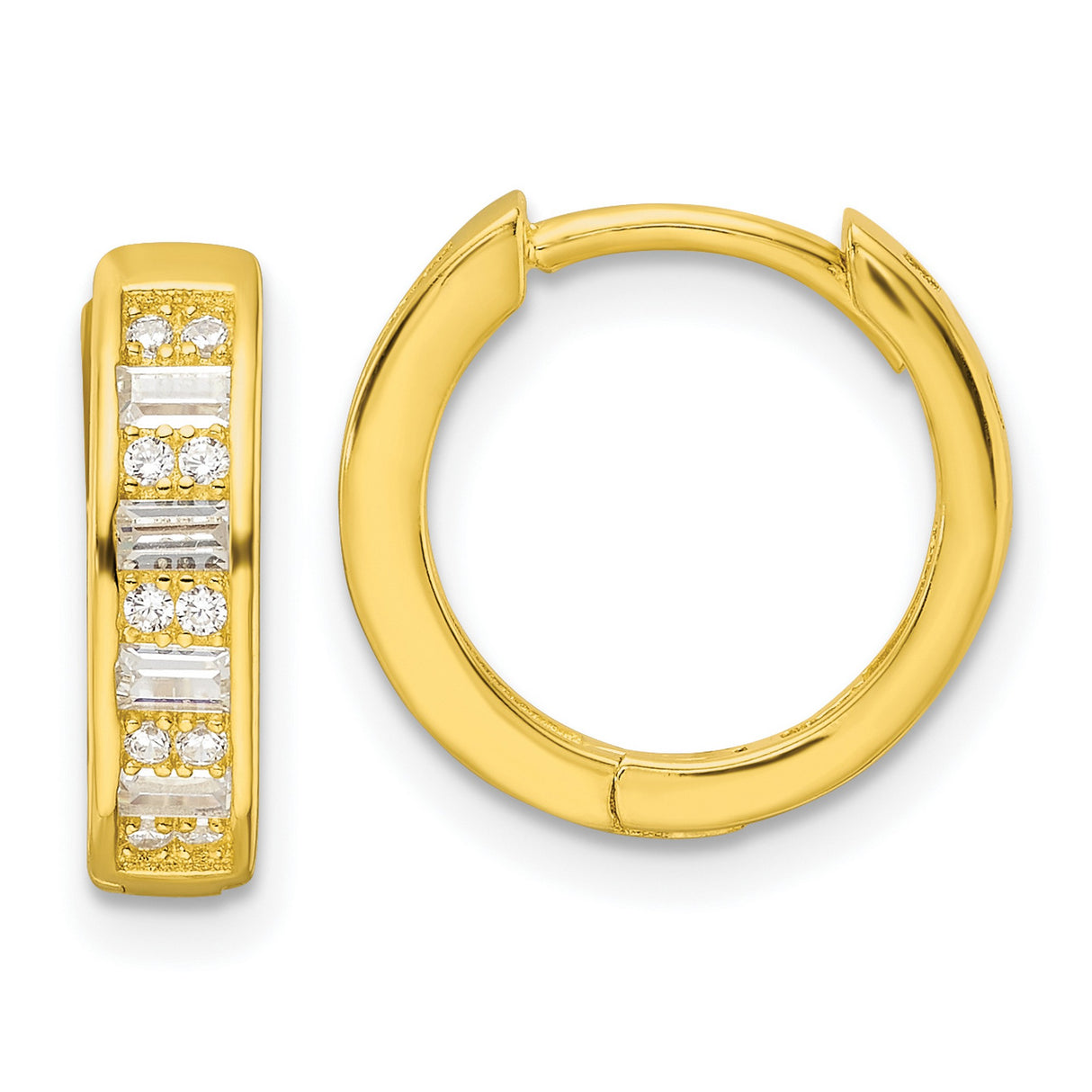 Sterling Silver Huggie Hoop Earrings with Round and Baguette Cubic Zirconia, Modern Minimalist Style