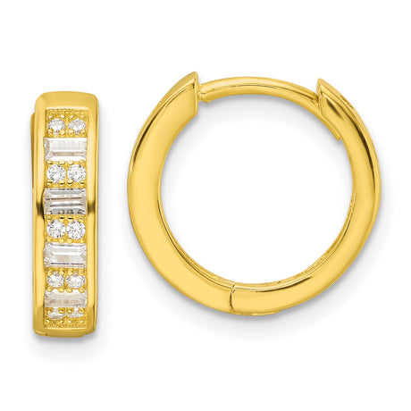 Sterling Silver Huggie Hoop Earrings with Round and Baguette Cubic Zirconia, Modern Minimalist Style