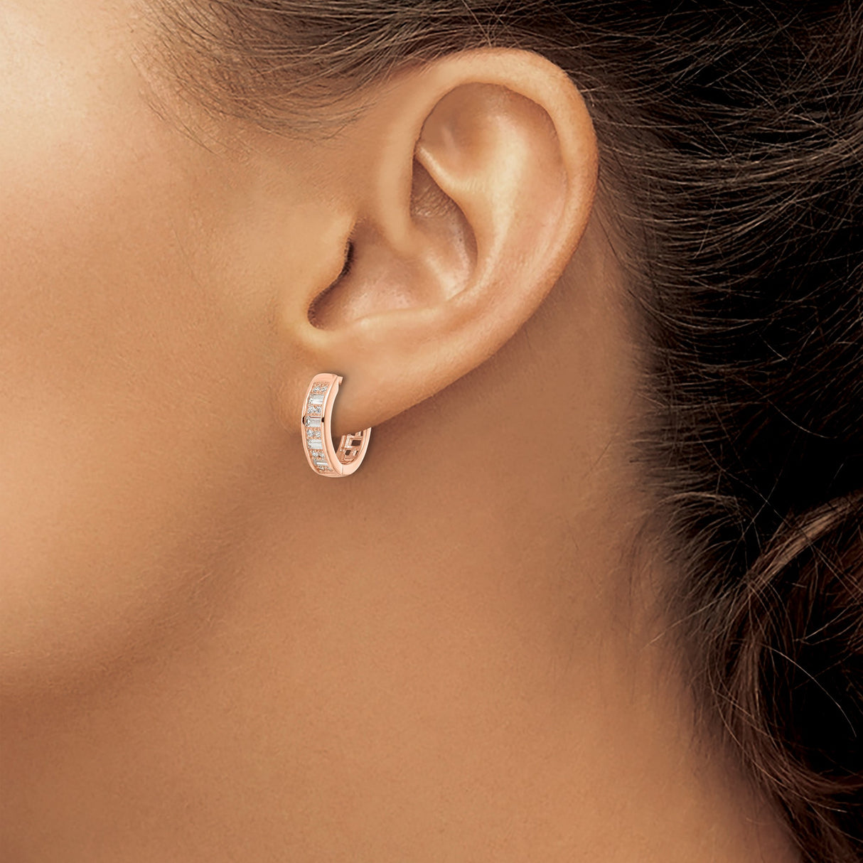 Sterling Silver Rose Gold Plated Huggie Hoop Earrings with Cubic Zirconia, Modern Minimalist Style