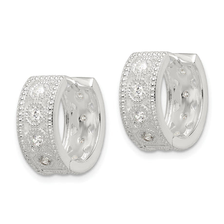 Sterling Silver Hoop Earrings with Cubic Zirconia Accents, Vintage Milgrain Detail, Small Lightweight Design