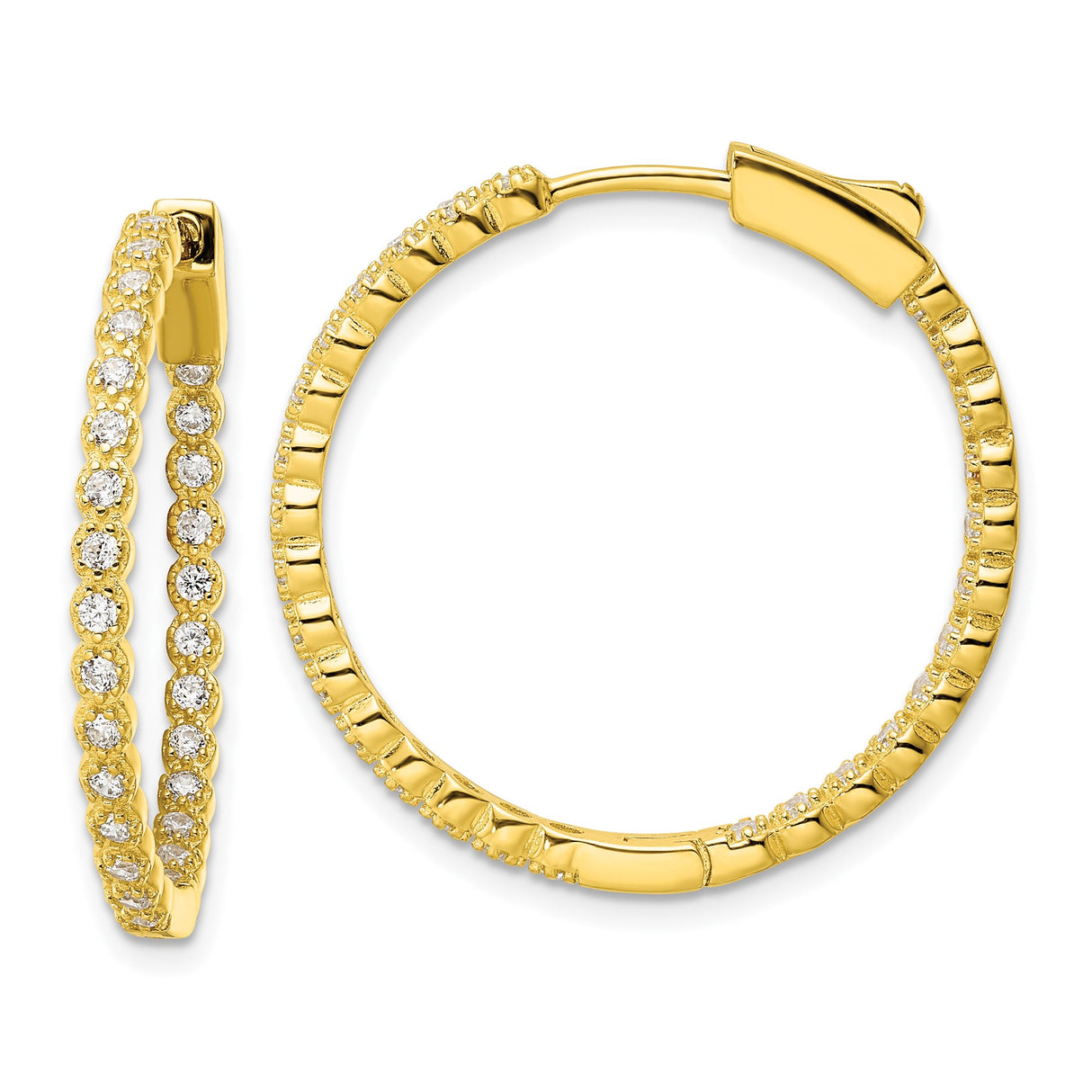 Sterling Silver Gold Plated Hoop Earrings with Cubic Zirconia, Prong Set Classic Design