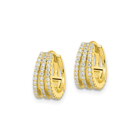 Sterling Silver Hoop Earrings with Triple Row Round Cut Cubic Zirconia, Gold Plated Statement Style