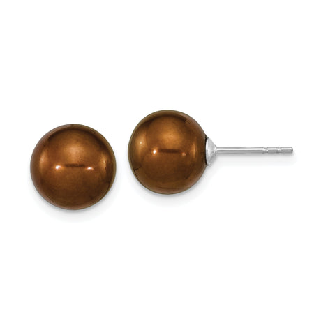 Sterling Silver Button Stud Earrings with Brown Resin Dome and Pearl Accent