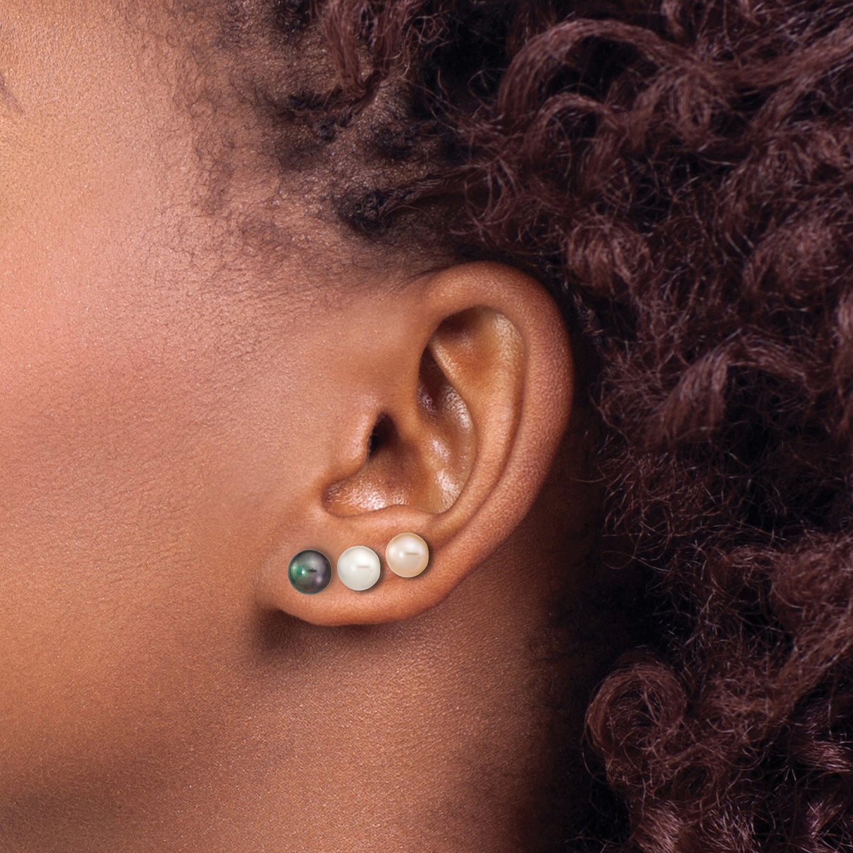 Sterling Silver Stud Earrings Set with White, Pink, and Black Freshwater Cultured Pearls