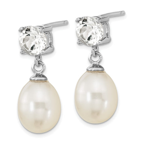 Sterling Silver Drop Earrings with Freshwater Pearls and White Topaz, Classic Bridal Style