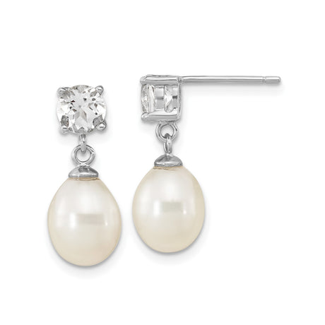 Sterling Silver Drop Earrings with Freshwater Pearls and White Topaz, Classic Bridal Style
