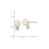 Sterling Silver Pearl Stud Earrings with Round White Cultured Pearls and Cubic Zirconia