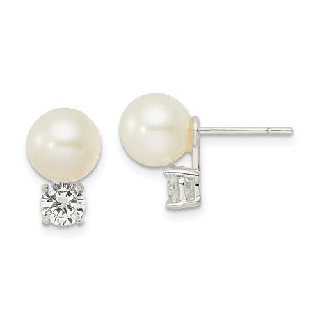 Sterling Silver Pearl Stud Earrings with Round White Cultured Pearls and Cubic Zirconia