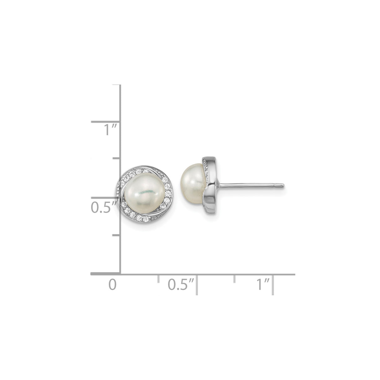Sterling Silver Pearl Stud Earrings with Cubic Zirconia Swirl Design for Women
