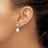 Sterling Silver Drop Earrings with Freshwater Pearls and Heart Tops, Cubic Zirconia Accents