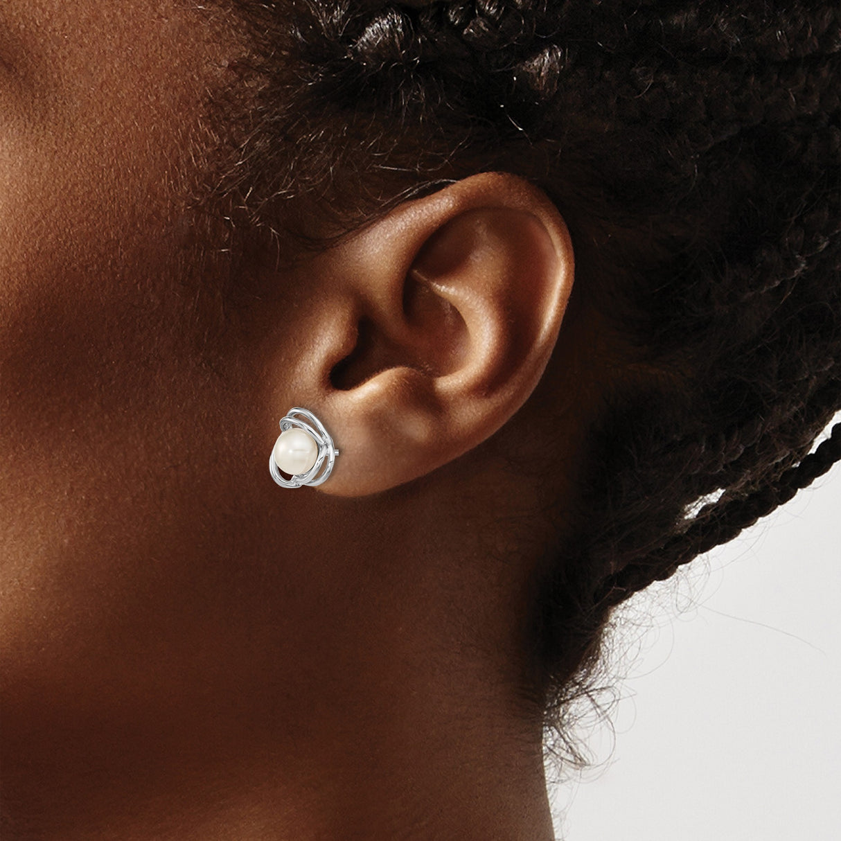 Sterling Silver Pearl Stud Earrings with White Button Pearls in Open Swirl Design