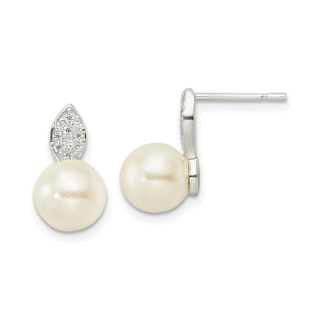 Sterling Silver Pearl Stud Earrings with Marquise Cubic Zirconia Accents for Women
