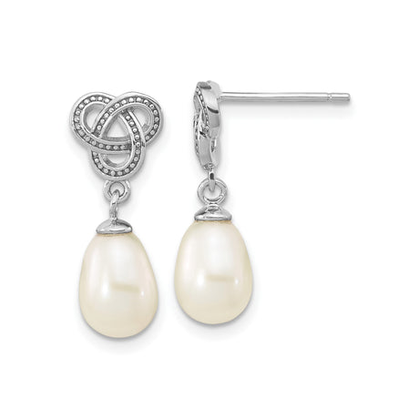 Sterling Silver Celtic Knot Dangle Earrings with Freshwater Pearl Drops, Irish Style Jewelry
