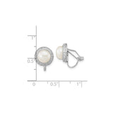 Sterling Silver Clip-On Earrings with Round White Pearls and Cubic Zirconia Halo Design