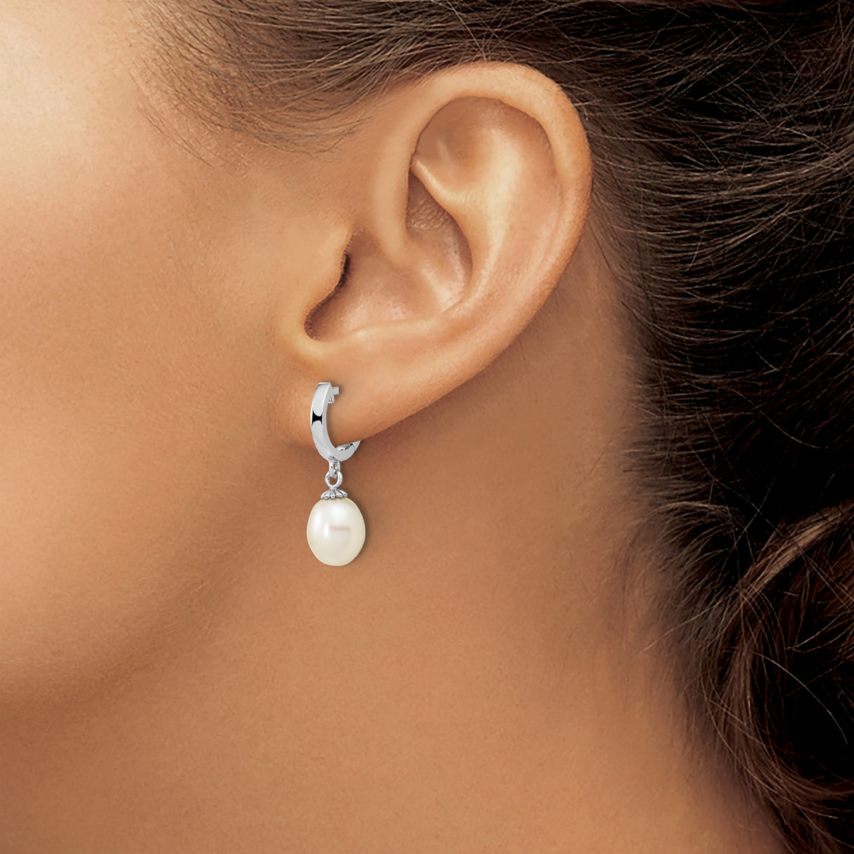Sterling Silver Dangle Earrings with Oval Freshwater Pearls and Decorative Caps