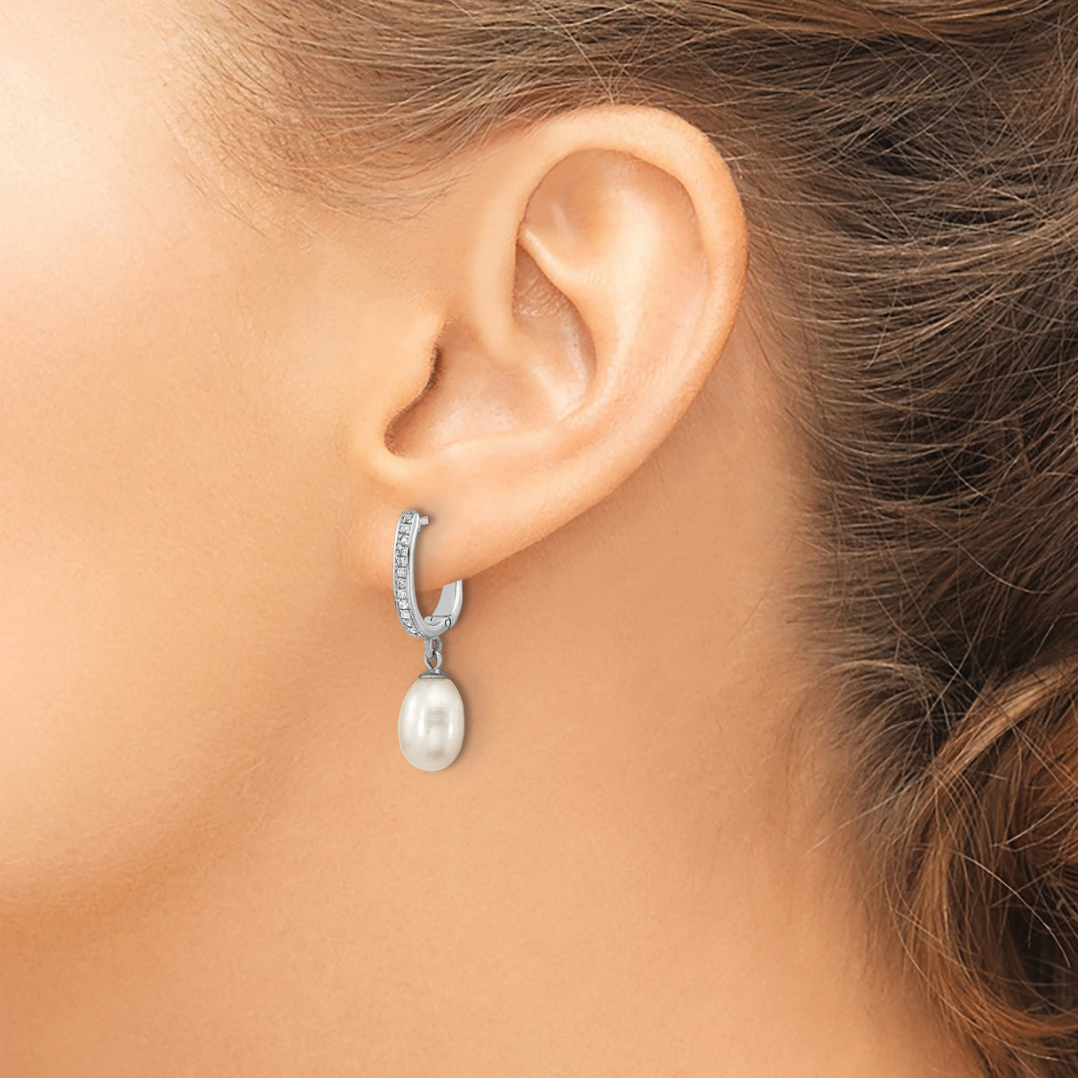 Sterling Silver Dangle Earrings with White Freshwater Cultured Pearl and Cubic Zirconia Accents