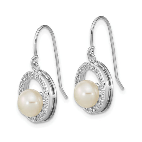 Sterling Silver Dangle Earrings with White Freshwater Pearl and Cubic Zirconia Circle Design