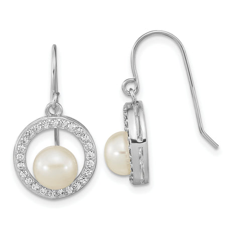Sterling Silver Dangle Earrings with White Freshwater Pearl and Cubic Zirconia Circle Design