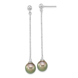 Sterling Silver Dangle Earrings with Iridescent Green and Purple Pearls, Minimalist Drop Style
