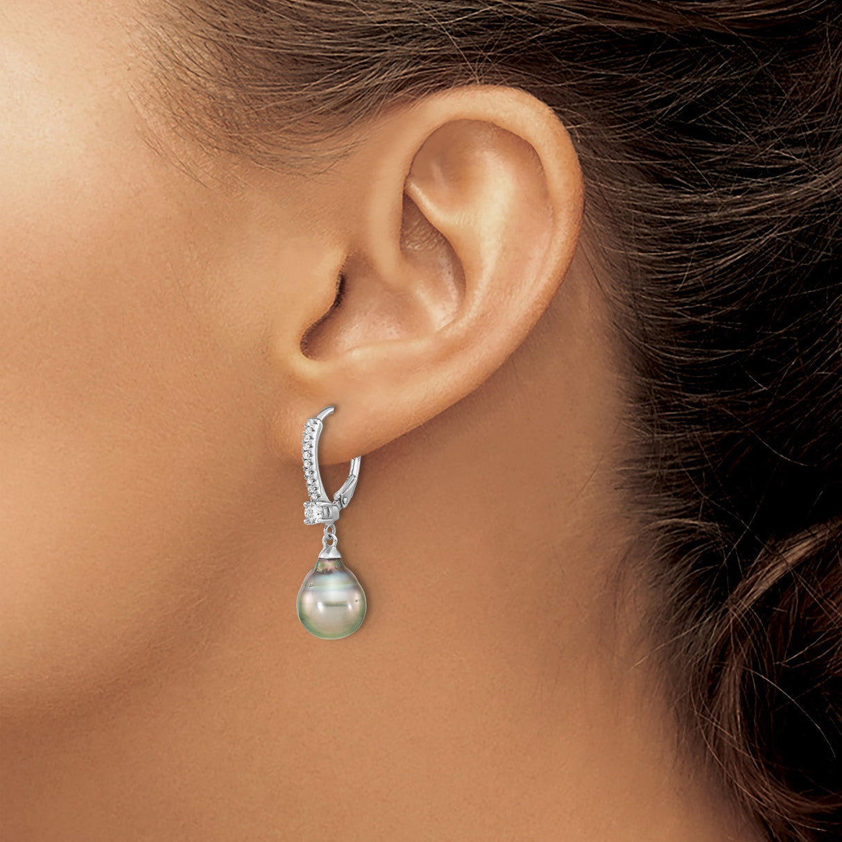 Sterling Silver Drop Earrings with Tahitian Pearls and Cubic Zirconia Leverbacks
