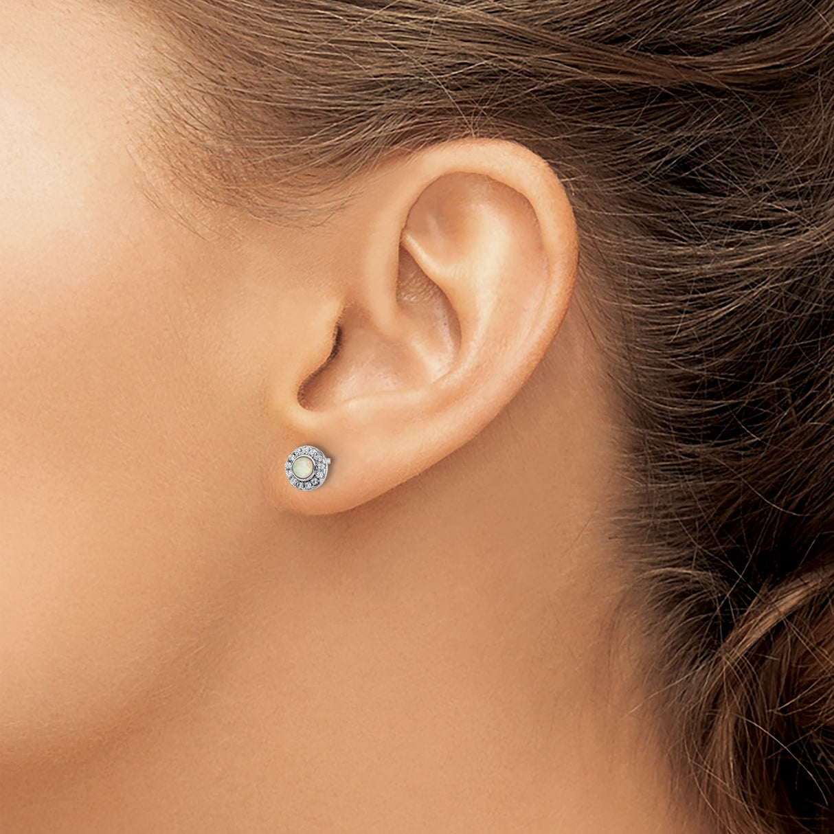 Sterling Silver Stud Earrings with Created Opal Center and Cubic Zirconia Halo