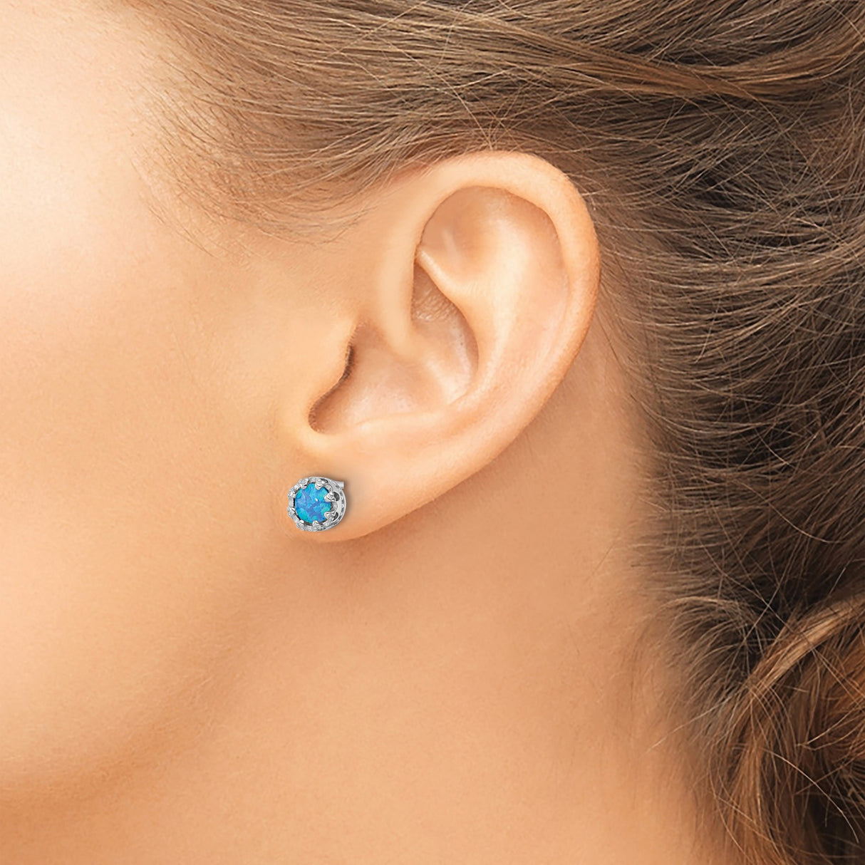 Sterling Silver Stud Earrings with Round Created Opal, Crown Prong Setting, Cutout Design