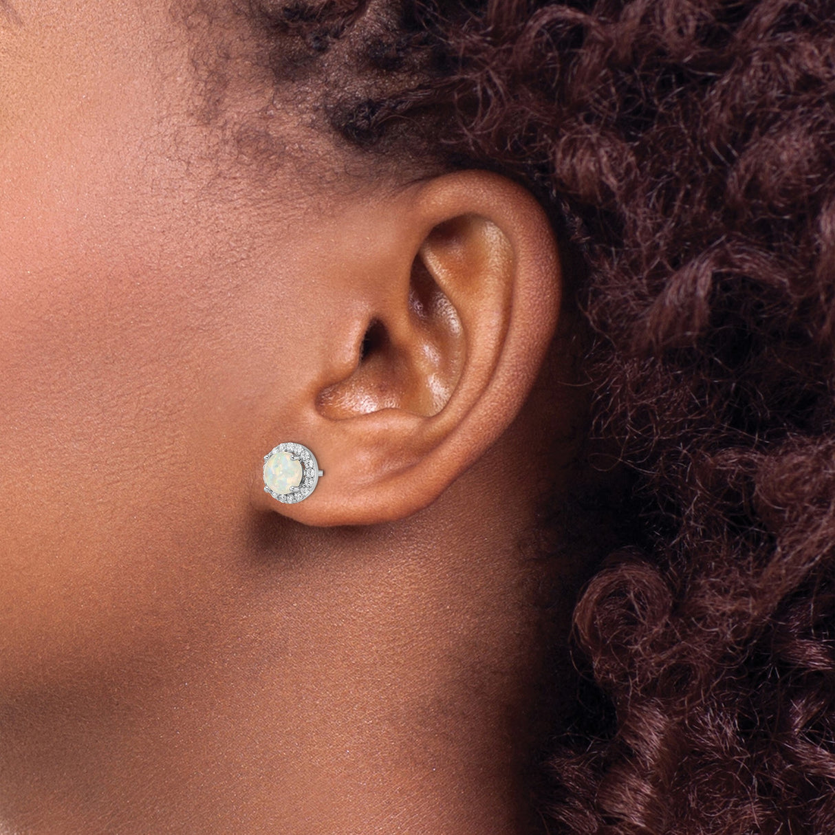 Sterling Silver Opal Stud Earrings with Created Opal and Cubic Zirconia Halo