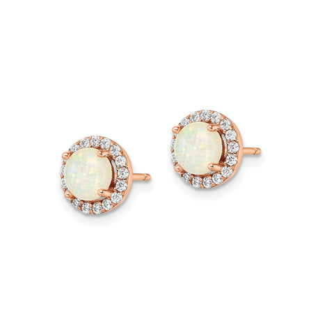 Sterling Silver Opal Stud Earrings with Rose Gold Halo and Cubic Zirconia Accents
