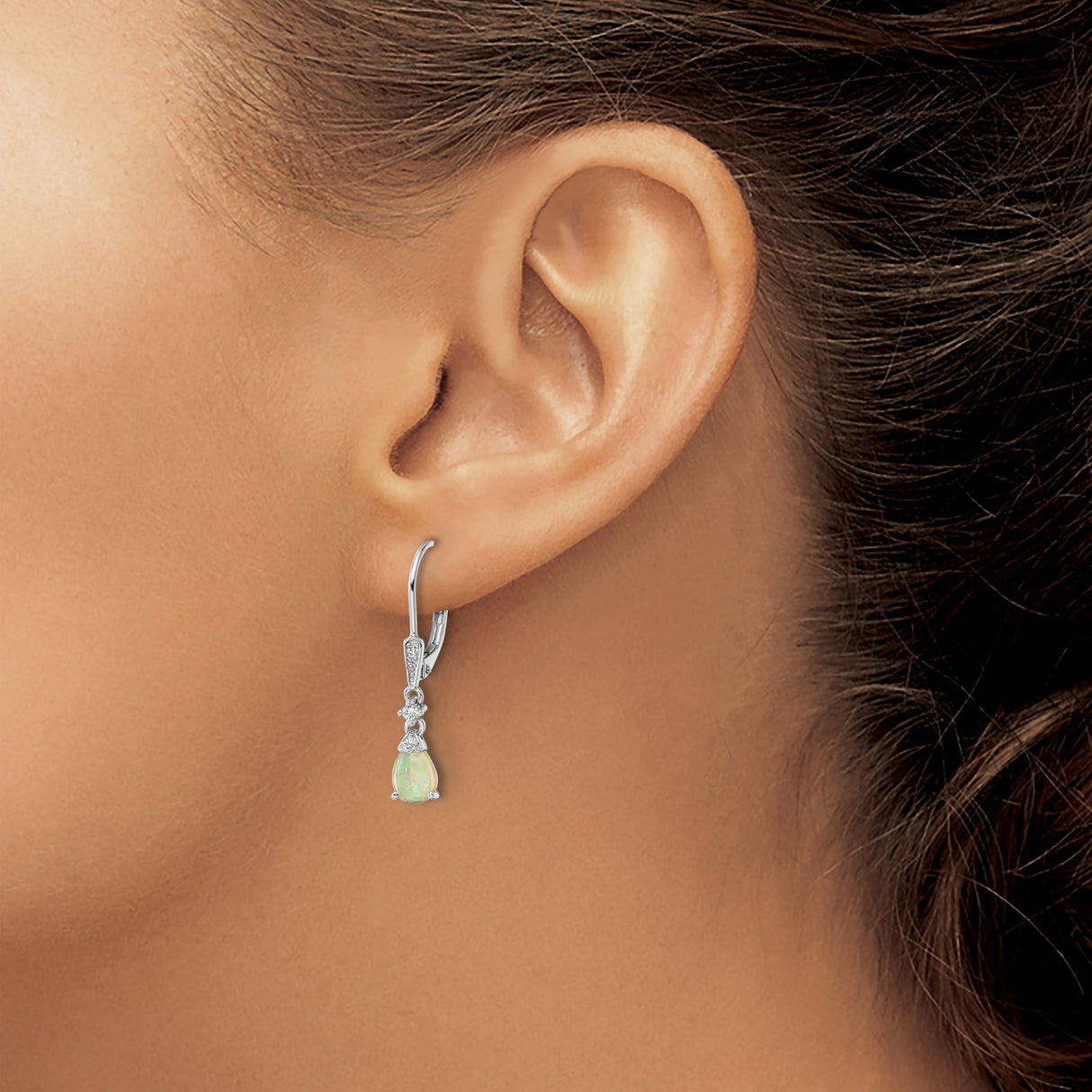 Sterling Silver Dangle Earrings with Pear Shaped Created Opal and Cubic Zirconia Accents