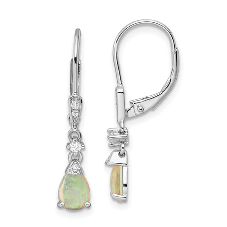 Sterling Silver Dangle Earrings with Pear Shaped Created Opal and Cubic Zirconia Accents