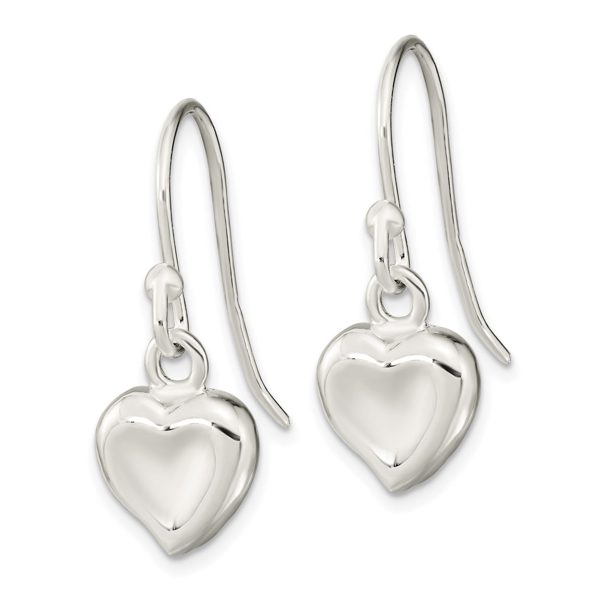 Sterling Silver Dangle Earrings with Polished Puff Heart Charm, Lightweight Hook Style for Women