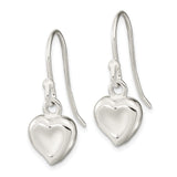 Sterling Silver Dangle Earrings with Polished Puff Heart Charm, Lightweight Hook Style for Women