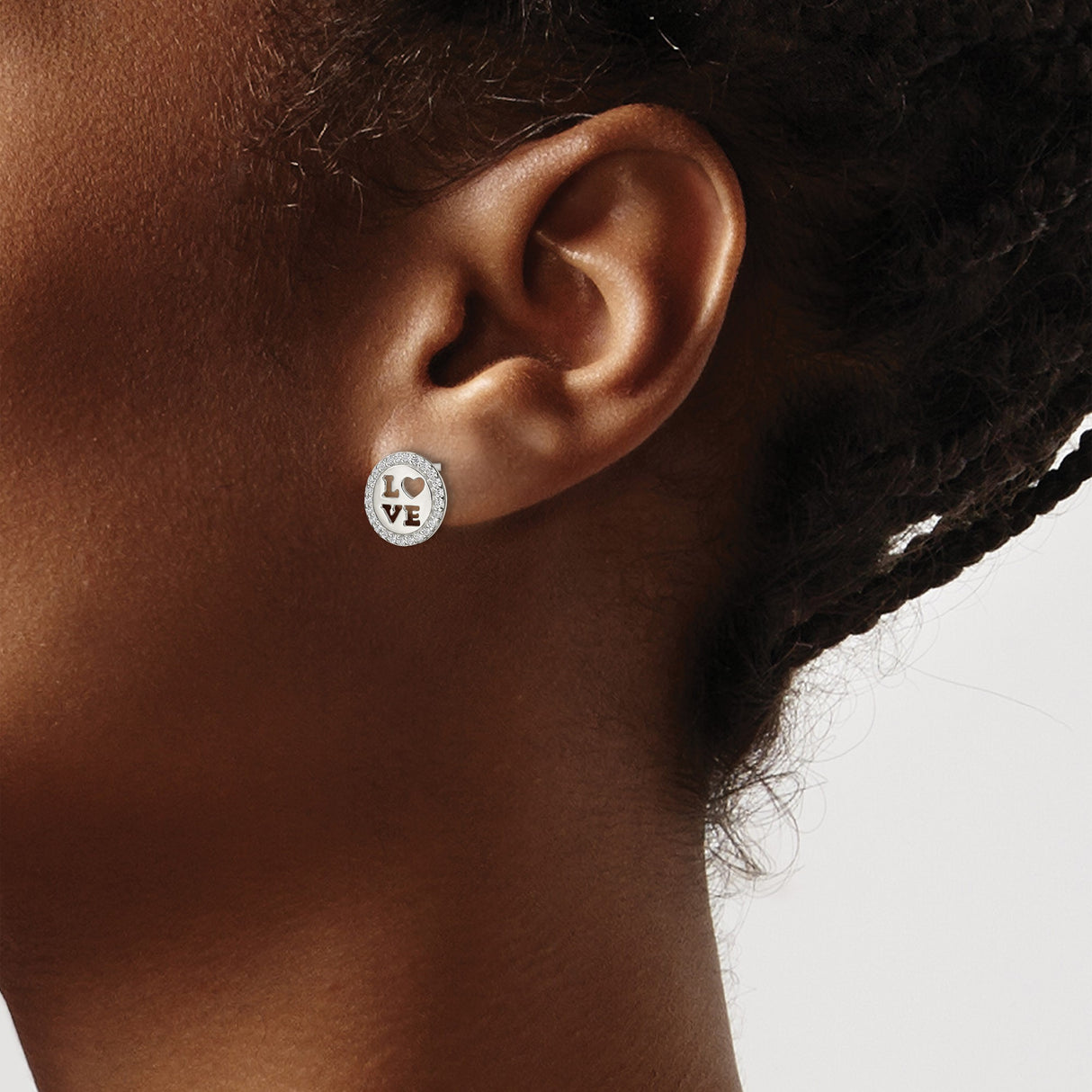 Sterling Silver Stud Earrings with Cubic Zirconia, Round Cutout Heart LOVE Design