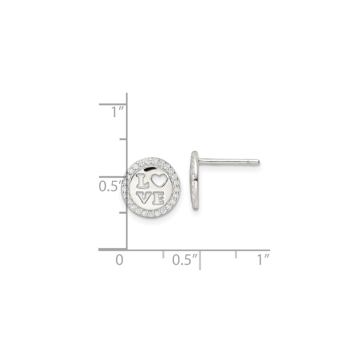 Sterling Silver Stud Earrings with Cubic Zirconia, Round Cutout Heart LOVE Design