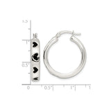 Sterling Silver Hoop Earrings with Black Enamel Heart Cutout Accents