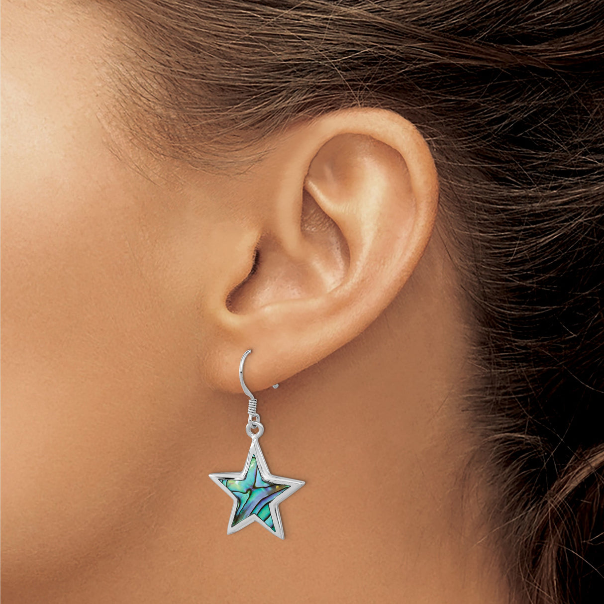 Sterling Silver Star Dangle Earrings with Abalone Shell Inlay, Boho Celestial Design for Women