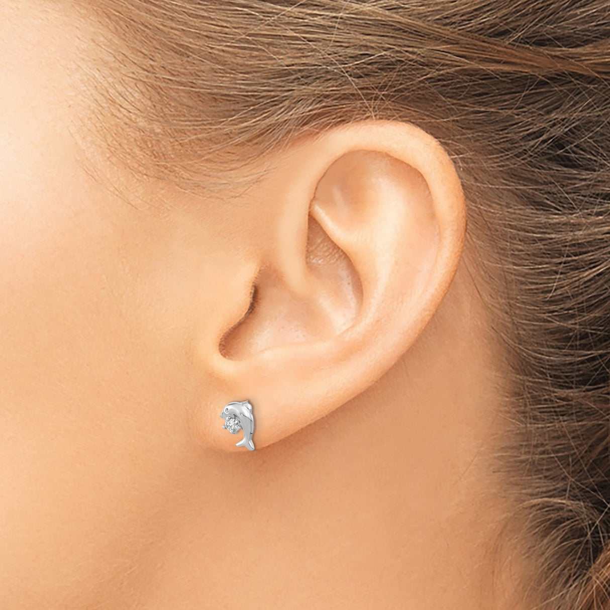 Sterling Silver Dolphin Stud Earrings with Cubic Zirconia, Ocean Animal Theme for Women