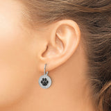 Sterling Silver Drop Earrings with Black Pavé Paw Print and Cubic Zirconia Leverback Design