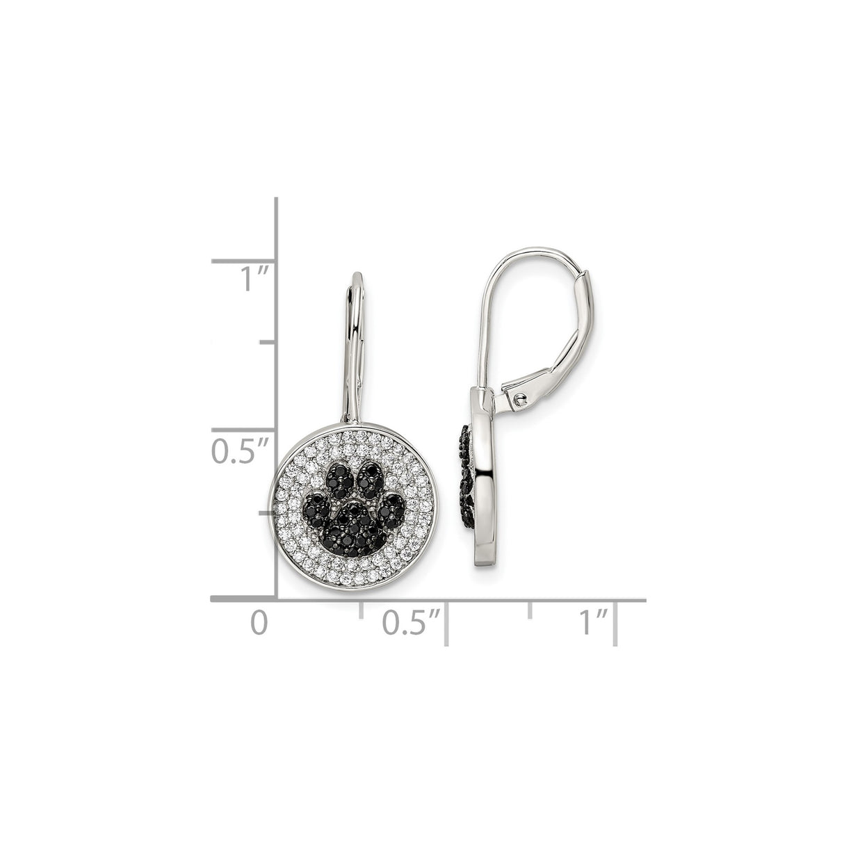 Sterling Silver Drop Earrings with Black Pavé Paw Print and Cubic Zirconia Leverback Design