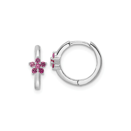Sterling Silver Hoop Earrings with Pink Cubic Zirconia Flower Design, Dainty Floral Style