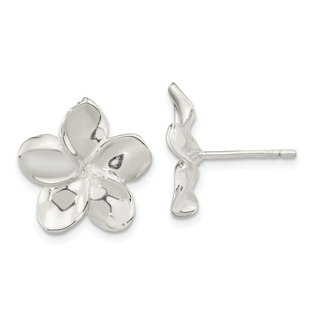 Sterling Silver Flower Stud Earrings with High Polish Plumeria Design for Women
