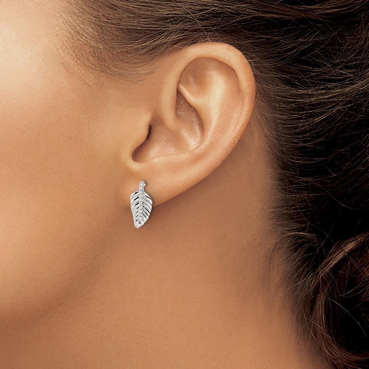 Sterling Silver Stud Earrings with Cubic Zirconia, Leaf Feather Design, Boho Minimalist Style