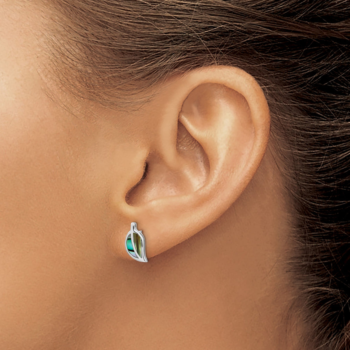 Sterling Silver Leaf Stud Earrings with Abalone Shell Inlay, Nature Inspired Jewelry