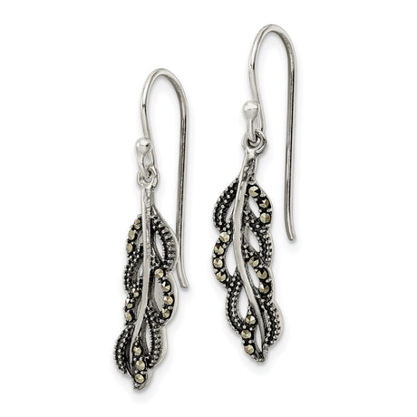 Sterling Silver Drop Earrings with Marcasite, Leaf Design, Vintage Boho Botanical Style