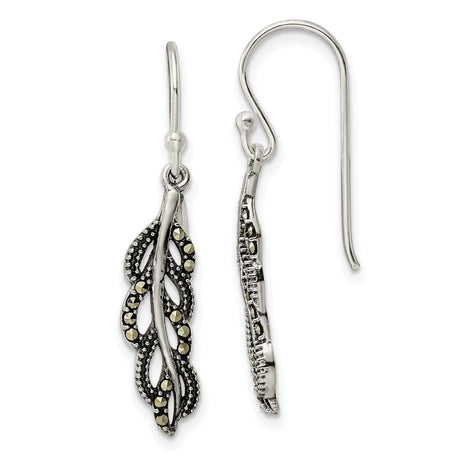 Sterling Silver Drop Earrings with Marcasite, Leaf Design, Vintage Boho Botanical Style
