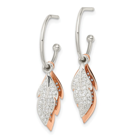 Sterling Silver Leaf Drop Earrings with Cubic Zirconia, Rose Gold Tone, Nature Inspired Design
