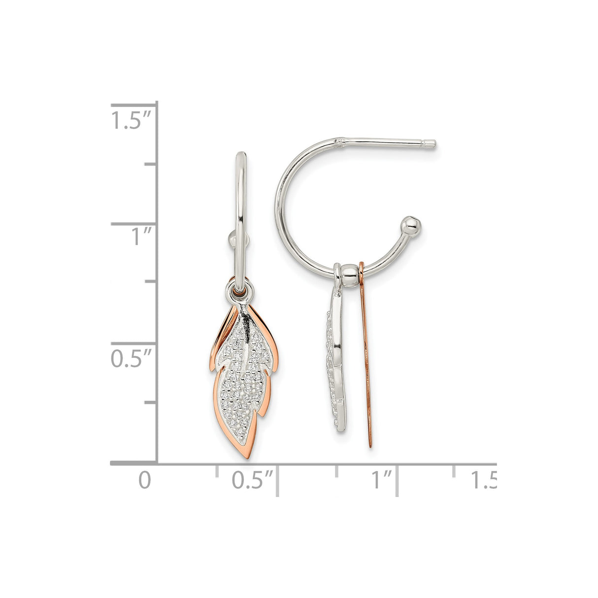 Sterling Silver Leaf Drop Earrings with Cubic Zirconia, Rose Gold Tone, Nature Inspired Design