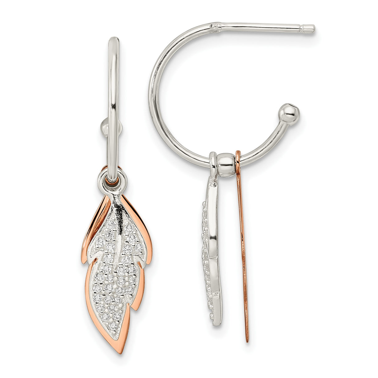 Sterling Silver Leaf Drop Earrings with Cubic Zirconia, Rose Gold Tone, Nature Inspired Design