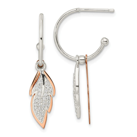 Sterling Silver Leaf Drop Earrings with Cubic Zirconia, Rose Gold Tone, Nature Inspired Design