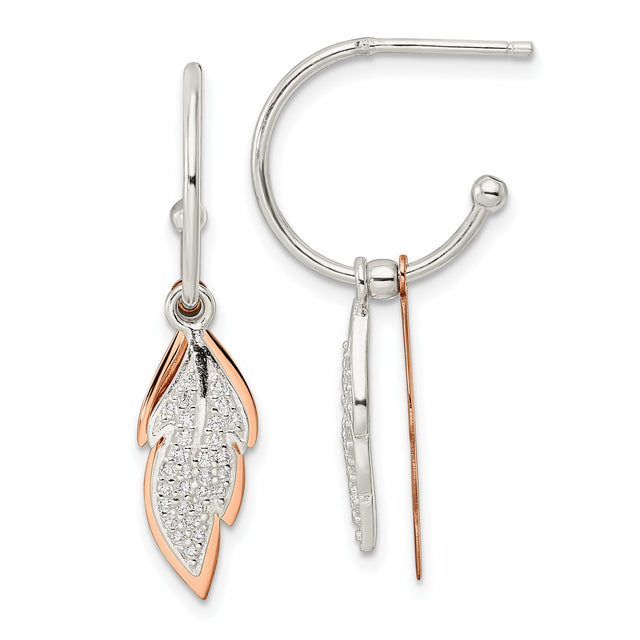 Sterling Silver Leaf Drop Earrings with Cubic Zirconia, Rose Gold Tone, Nature Inspired Design